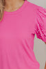 Bright Pink Ribbed Pearl Beaded Puff Sleeve Top