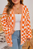 Orange Checkered Bubble Sleeve Drop Shoulder Open Cardigan