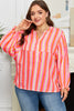 Pink Stripe Crinkled Half Buttons V Neck Plus Size Blouse