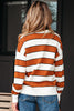 Brown Stripe Ribbed Polo Collar Drop Shoulder Sweater