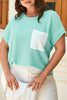 Light Blue Twisted Rib Contrast Pocket Knit Crew Neck Plus Size T Shirt