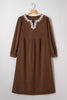 Coffee Embroidered Notched Neckline Textured Pleated High Waist Plus Size Midi Dress