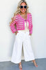 Pink Stripe Crochet Scalloped Trim Lace-up Front Cropped Cardigan