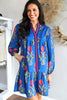 Sky Blue Floral Print Contrast Striped Trim Notched Neck Long Sleeve Dress