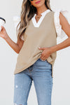 Pale Khaki Contrast V Neck Ruffled Textured Knit Top