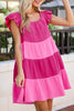 Pink Crinkled Colorblock Patchwork Flutter Tiered Mini Dress