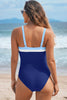 Navy Blue Color Block Detail Adjustable Straps One Piece Swimsuit