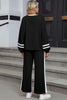 Chestnut Varsity Stripe Patchwork Puff Sleeve Pullover Drawstring Wide Leg Pant Set