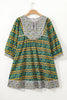 Green Plus Size Mixed Floral Print Striped Trim Loose Mini Dress