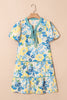 Blue Floral Striped Trim Puff Short Sleeve Dress