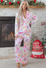 Pink Striped Bow Print Contrast Piping Trim Shirt and Pants 2pcs Pajama Set