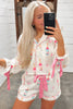 White Christmas Wine Glass Print Bow Knot Two Piece Pajama Set