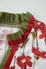 Red Floral Print Contrast Trim V Neck Double Ruffled Short Sleeve Blouse