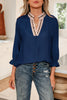 Violet Leopard Trim V Neck Flounced Bracelet Sleeve Blouse
