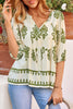 Apricot Floral Print Tie V Neck Button Down Puffy Half Sleeve Shirt