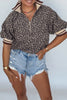Khaki Leopard Print Half Zip Striped Trim Patchwork Short Sleeve Top