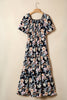 Blue Short Sleeve Smocked Detail High Waist Floral Maxi Dress
