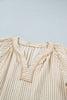 Khaki Stripe V Neck Floral Embroidered Long Sleeve Blouse