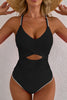 Black Ric Rac Trim Contrasted Patchwork Cutout One Piece Swimsuit
