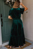 Evergreen Velvet Short Sleeve Shirred Waist Tiered Maxi Dress