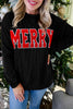 Blackish Green Twisted Rib Outlined Merry Letter Graphic Loose Long Sleeve Top