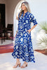 Blue Wild Floral Print Frilled Collar Half Sleeve Long Dress