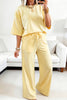 Sachet Pink Lace Patchwork Half Sleeve Top Elastic Waist Pants Two Piece Set