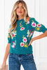 Blue Flower Pattern Mock Neck Short Sleeve Knitted T Shirt