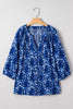 Blue Botanical Print Bracelet Sleeve Notched Neck Blouse