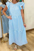 Sky Blue Knot Back Ruffled Short Sleeve Gingham Maxi Dress