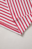 Red Stripe Half Placket V Neck Contrast 3/4 Sleeve Patchwork Top