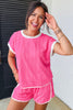 Bright Pink Textured Color Block Trim Loose Tee Drawstring Shorts 2pcs Set