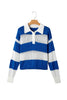 Blue Stripe Colorblock Polo Collar Eyelet Crochet Knitted Sweater
