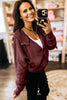 Burgundy Waffle Splicing Zip Up Front Button Hooded Jacket