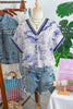 Blue Wild Animal Paradise Striped Trim V Neck Short Sleeve Blouse