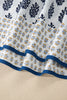 White Plus Size Boho Floral Print Contrast Trim Split Neck Puff Sleeve Patchwork Blouse