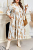 Khaki Patterned Ruffled Sleeve Half Placket Tiered A-line Plus Size Long Dress