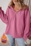 Parchment Fleece Lined Half Zipper Kangaroo Pockets Loose Hoodie