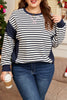 Blue Stripe Contrast Stitched Detail Color Block Patchwork Plus Size Sweatshirt
