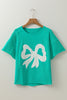 Sea Green Lace Bow Raw Edge Drop Shoulder Casual T Shirt