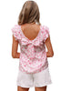 Pink Floral Ruffled Short Sleeve Bow Back Square Neck Blouse