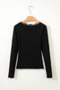 Skobeloff Lace Neckline Button Decor Lettuce Edge Long Sleeve Ribbed Top