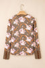 Brown Floral Print Waffle Textured Long Sleeve Top