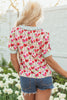 Red Floral Print Striped Patchwork Collared Short Sleeve Blouse