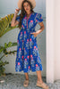 Blue Floral Puff Short Sleeve V Neck High Waist Maxi Dress