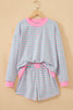 Pink Stripe Color Block Detail Long Sleeve Pullover Elastic Waist Pull On Shorts 2pcs Set