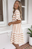 Khaki Stripe Tie V Neck Ruffle Trim Short Sleeve Flared Summer Dress