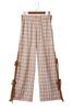 Chestnut Plaid Print Elastic Waist Bow Tie Contrast Detail Jogger Pants