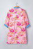 Multicolour Floral Striped Patchwork Trim Half Sleeve Mini Dress