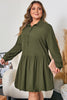 Four Leaf Clover Plus Size Collar Half Button Long Sleeve Ruffle Hem Mini Dress
